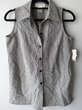 NWT Susan Bristol Gray black linen blend Sleeveless Button-Down Shirt small S